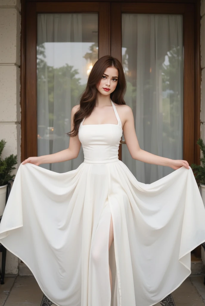 1 girl, single, dress, brown hair, white dress, long hair, blue background, bare shoulders, strapless, simple background, skirt hem, closed, chest, realistic, choke, strapless dress, perspective, necklace,