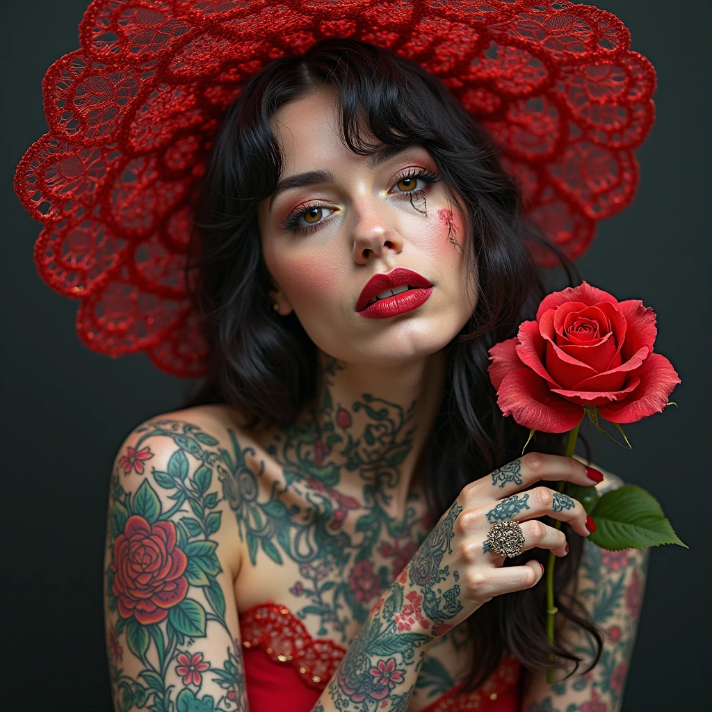 Snow white with radical red bow, with piercings and tattoos eating the poisoned apple