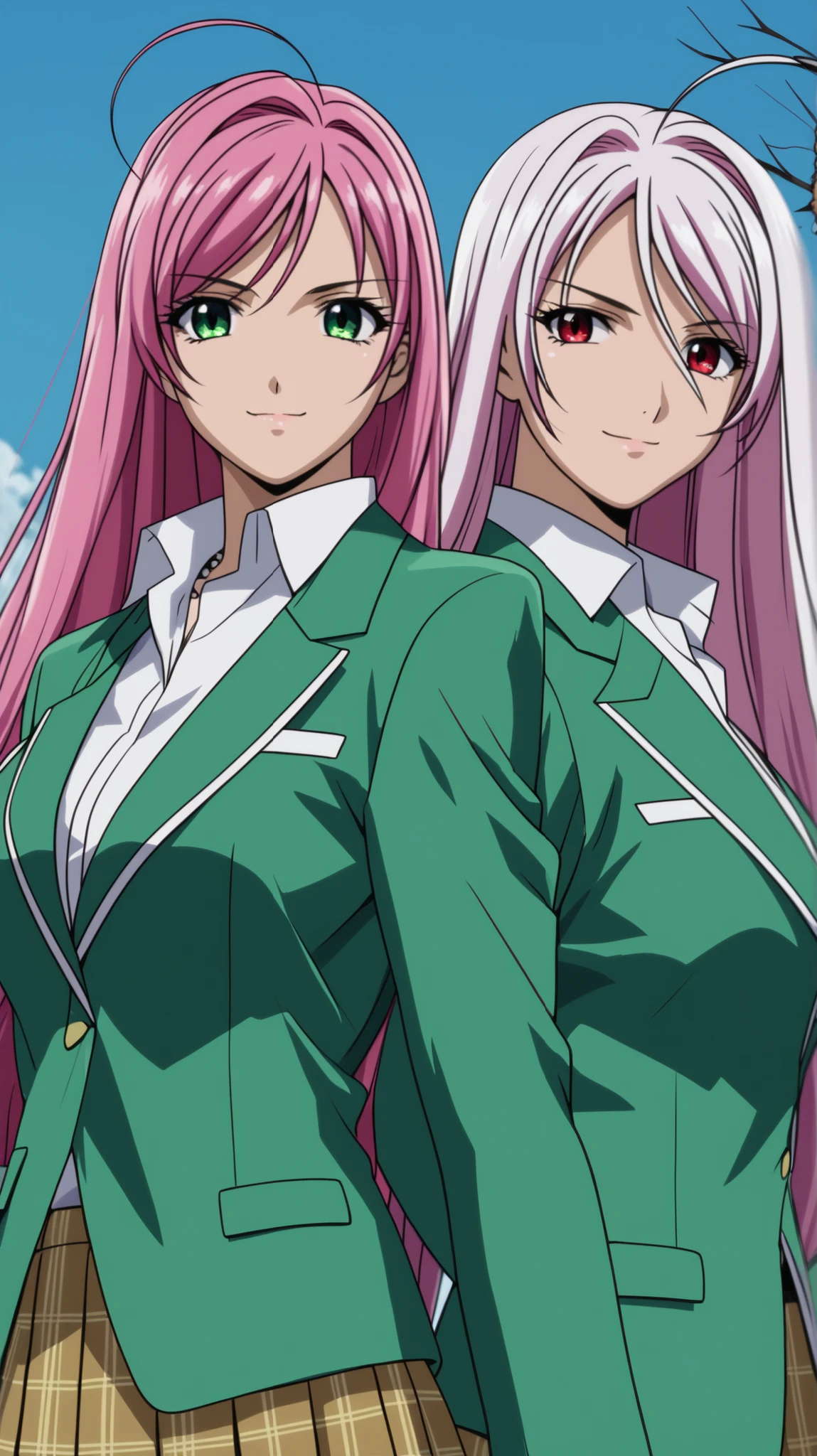 2 girls,(vampire moka akashiya, long hair, red eyes, ahoge, white hair, large breasts),(normal moka akashiya, long hair, green eyes, pink hair, ahoge, large breasts),skirt, shirt, school uniform, jacket, plaid, plaid skirt, blazer, green blazer, Stick cheeks together,looking at viewer, upper body, light smile,