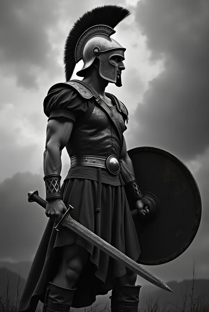 Create a drawing in honor of my father and daughter who died. I need a drawing where there is a Spartan warrior turned away with a shield in his hand and the other holding a flying angel. It's one on the ground.
