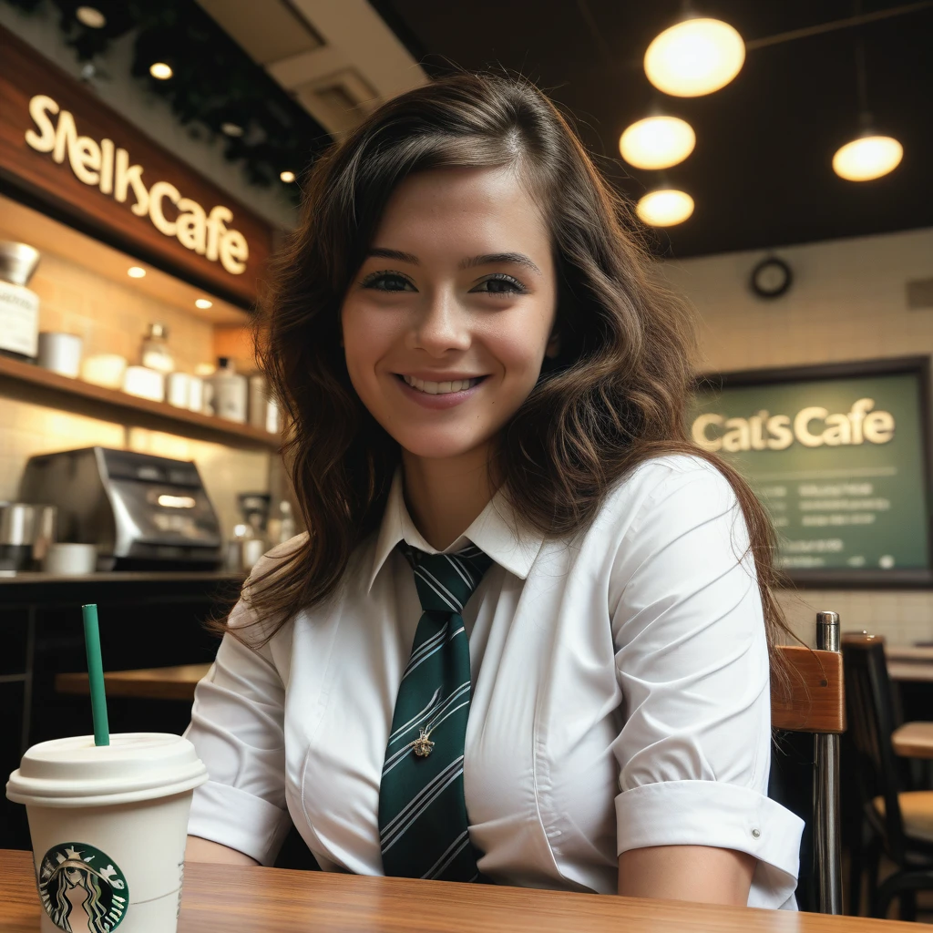 power \(csm\), sharp teeth, symbol-shaped pupils, cross-shaped pupils, ginger hair, blue jacket, collared shirt, black necktie, White shirt, black pants, girl, large breast, detailed face, big detailed yellow eyes, smiling, solo, coffee cup, devilish, crazy psycho