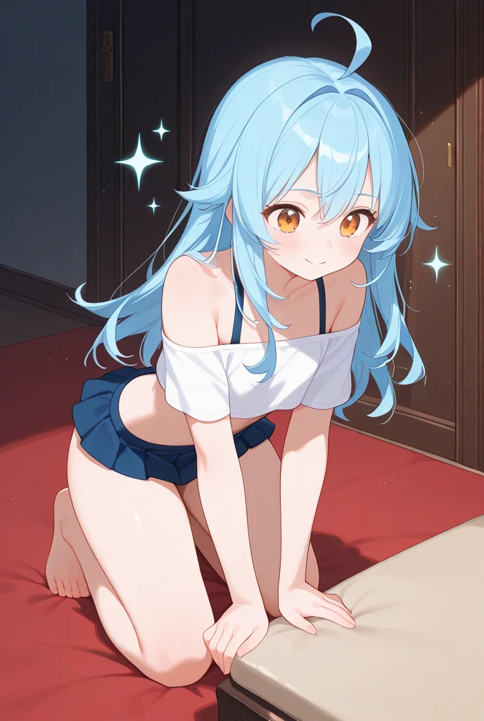 1 girl, best quality, ultra high res, long hair, blue hair, blue eyes, shigure kira, looking at viewers, small breast, standing, pov, slim body, loli body, small body, short body, smile, open mouth, bra, white bra, bike shorts, bedroom, white bed sheets,