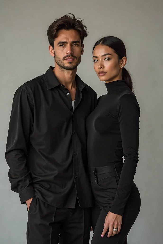 foto de un hombre con pelo negro y vestido con ropas negras y rojas, with a woman in a short brown polo shirt dressed in a blue dress, juntos en la calle de nueva york de noche