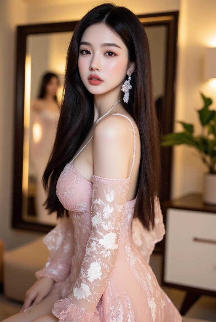 Tzuyu 1, woman, (realistic), (hyper realism), (photorealistic), Depth of the bounds written, eye make up:0.9, (whole body:1.2), (tight waist), looking at the viewer,at the racing track, lace queen, Sexy dress with open shoulders and chest