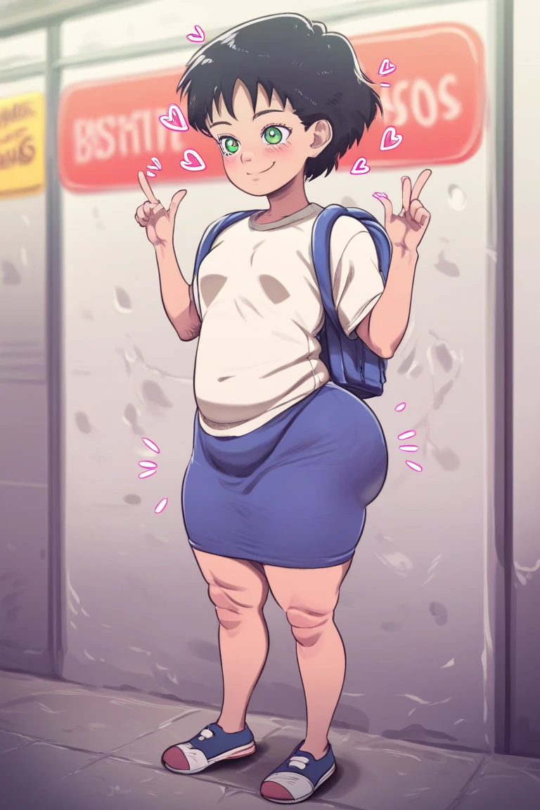 ((((kipteitei art)))), ((highres)),Masterpiece, high quality, best quality, beautiful, perfect lighting, detailed face, ultra cute face, ((1girl)), ((solo), brown hair, bob cut, bangs, ((fluffy hair)), brown eyes, nervous look, shy, embarrassed, weight conscience blush, ((school uniform)), ((tan Blaser sweater)), (tight clothes)), ((undersized skirt)), school bag on shoulder, thigh highs, green skirt, outside, walking though suburb, ((small breasts)), perky breasts, ((wide hips)), (((thick thighs))), (tummy bulge), 19 year old girl,