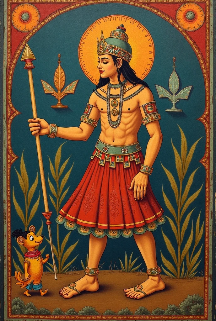 Colombia, year 300 AD, vintage metal embossing in the male native south american style of the time, handsome Cacique Maitamá, 33-year-old man. long, straight black hair down her back. Full-length-type image