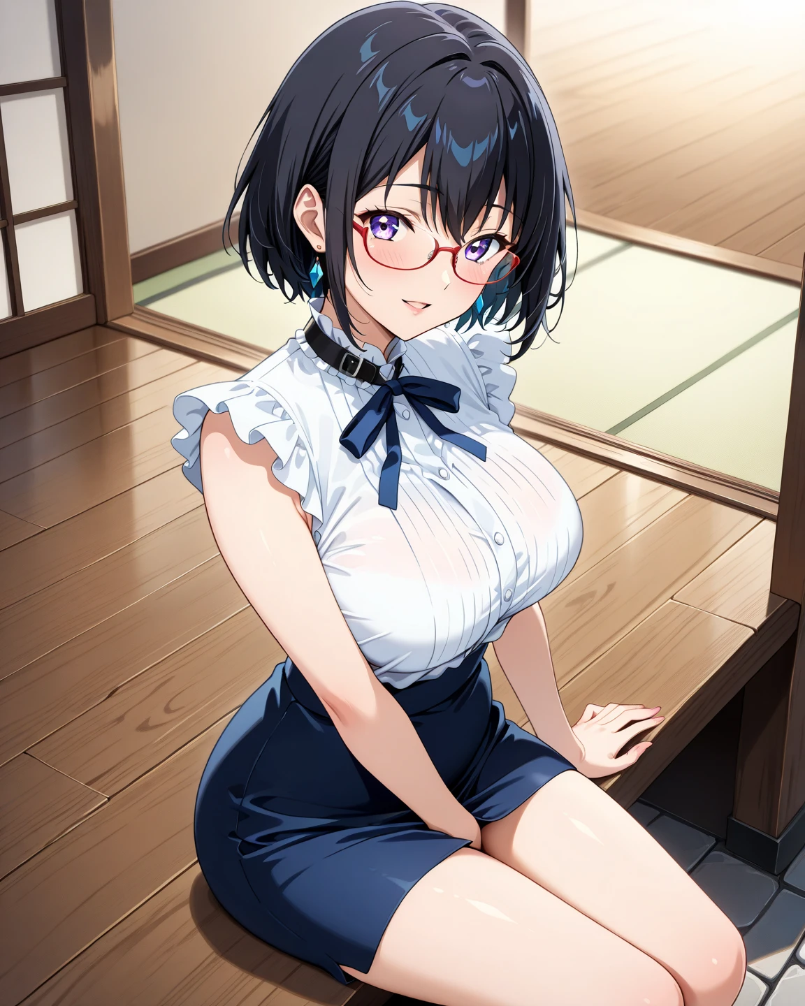 highest quality、Realistic、Women、zoom、Cobalt blue eyes、maroon short hair、Hero Suit、Glossy white bodysuit、Blue and silver accents、slender、Dark Skin、Glasses、Japanese-style room、Moonlit Night、Summer blanket、An inappropriate smile、Bust Shot、