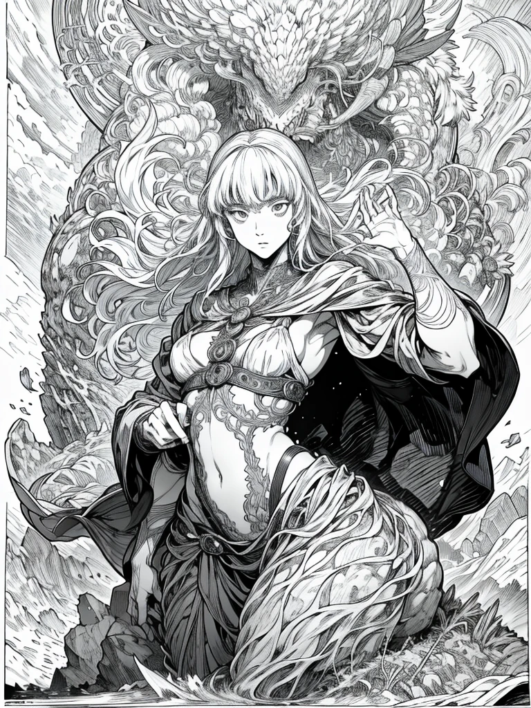 Anime masterpiece, a drawing of a woman with long hair and long hair, beauty in demon killer art, perfect anime body, long legs, big breasts, full body movement, 4K manga wallpaper, full body fighting pose, realistic light and shadow, beautiful line art, strong line art, ink art, brush art, Kentaro Miura manga art style, his manga full body portrait, Kentaro Miura's manga style, Shigeri Aishima illustration, highly detailed fine doujin art, Detailed comic style
