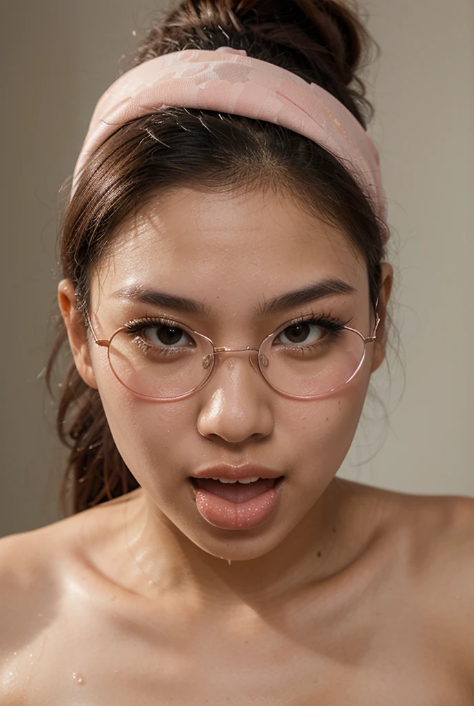 (I:0.8).rift, raw, best quality, high resolution, Masterpiece: 1.3, Beautiful Javanese girl wearing hijab glasses, naked.,Show your beauty, sexy body proportions.,medium size, firm face, Beautiful pussy with clear cleavage and hair...,, Masterpiece, soft smile
