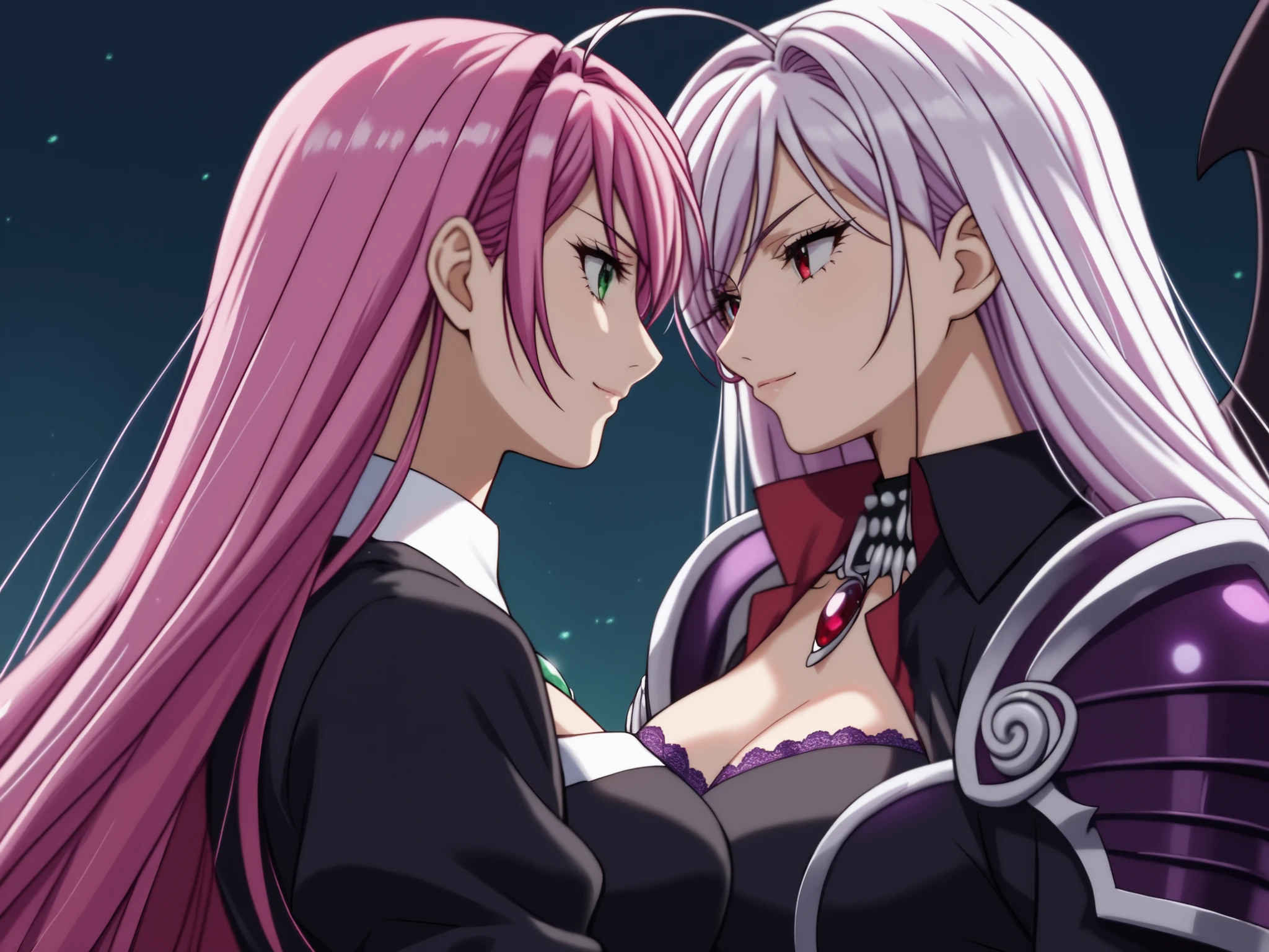 2 girls,(vampire moka akashiya, long hair, red eyes, ahoge, white hair, large breasts),(normal moka akashiya, long hair, green eyes, pink hair, ahoge, large breasts), (high-collared black dress with dark violet accents:1.3),(violet lace apron with intricate black metal armor pieces sewn into the fabric:1.2),metallic chest plate with dark purple gem,(knee-high black boots with dark violet metallic detailing along the sides:1.2),(obsidian black wings with violet tips,creating a haunting, ethereal look:1.1), soft hug each other, face each other, upper body, light smile,