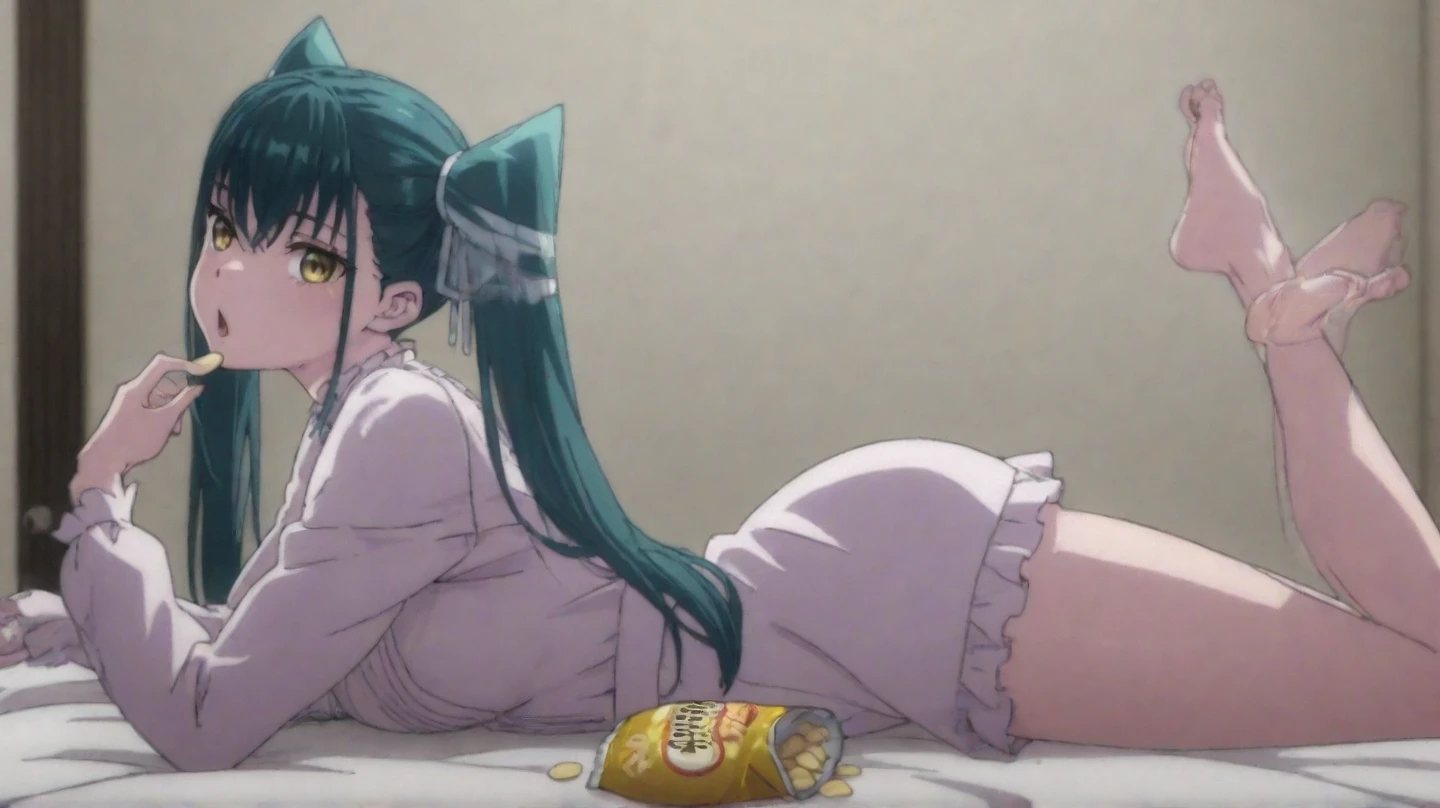 score_9, score_8_up, score_7_up,BREAK chih, 1girl, green hair, kitchen knife, closed eyes, , long hair, apron, open mouth, drill hair, , cooking, cutting board, yellow t-shirt,sitting, ladle,twin drills,<lora:sakumaorig-000009:1>