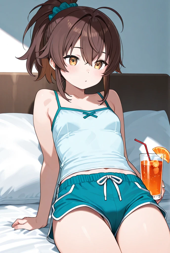 A Female robot is sleeping in a fridge, spread legs, nude, banzai pose. she wears no dress. She Brown short hair is tied with two big red clothespins, She lifts up the under hem of her white plain dress, leaning over, masterpiece, very short pigtails,brown hair, mature, android, blue eyes, full body figure, Height: 160cm, flushed cheeks, 2020s anime picture, A beautiful robot with short brown hair in two short pigtails held up by two very large huge red clothespins, Uplifting, No NSFW, whole body, barefoot, archaic smile, getting orgasm, 25 years old, sweat bucket. robot skin. Her vagina is inserted.