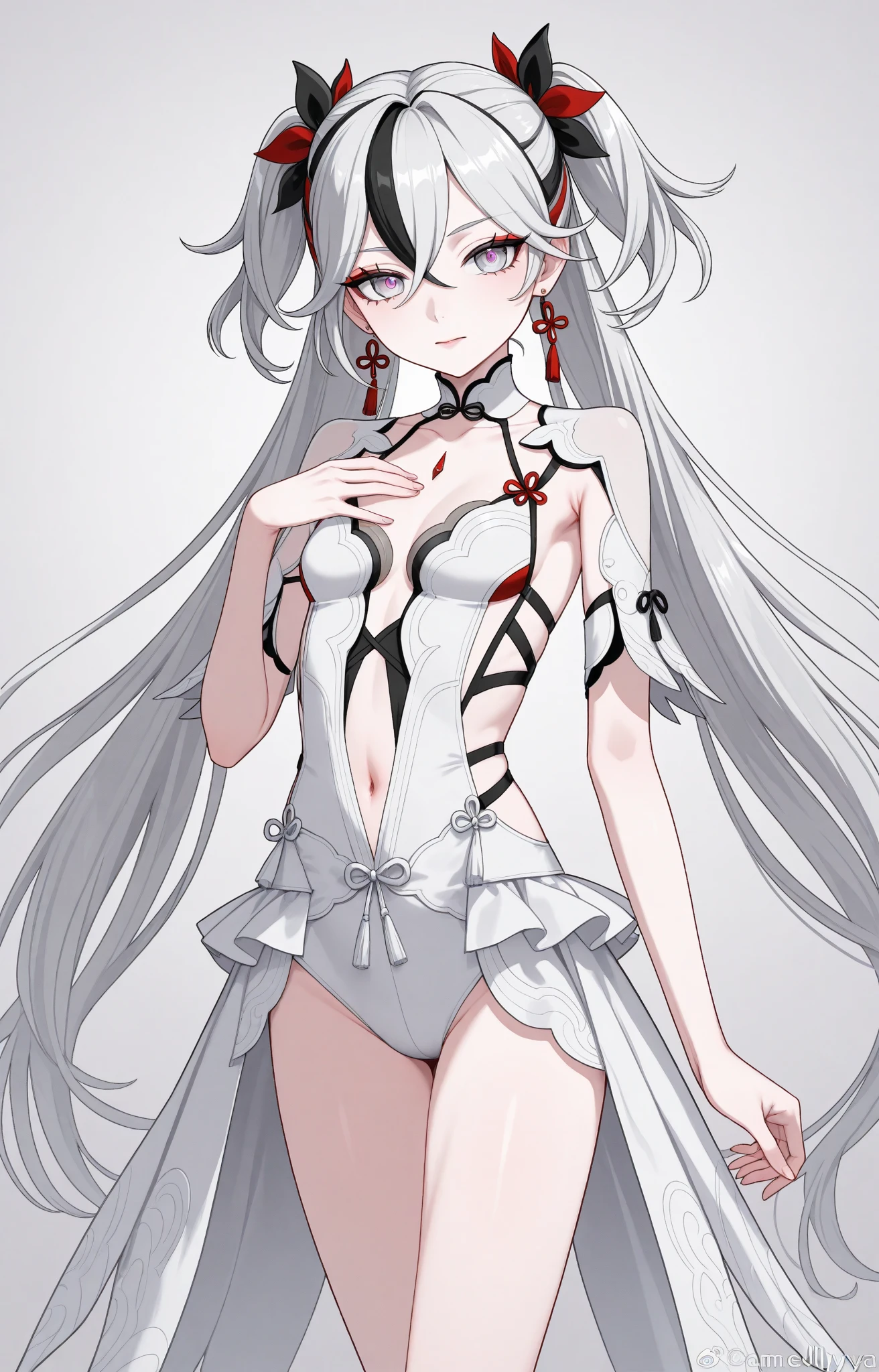 Character design, female, long white hair, wearing a short white lace dress with spaghetti straps, red eyes, small frame, very skinny, detailed, best quality, no accesoires around the neck, prominent collarbones, skinny arms, flat stomach, full body, visible hip bones, angelic