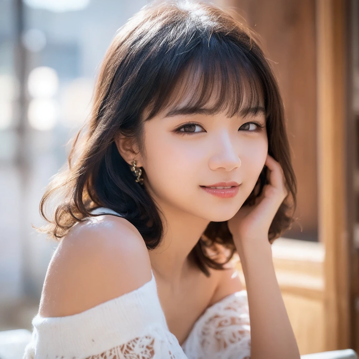 (8k, RAW photos, top quality, masterpiece: 1.2), ultra detailed, super resolution, (real, real photos: 1.37), portraits, high definition RAW color photos, professional photos, very detailed and beautiful, highly detailed, 8k wallpapers, amazing details, huge file size, official art, highly detailed CG Unity 8k wallpapers, highly detailed beautiful girls, highly detailed facesHighly detailed eyes, highly detailed skin, highly detailed fingers, highly detailed nose, highly detailed mouth, perfect ???????, highly detailed background, highly detailed clothing, one girl, (18:1.2), teen, cute girl, famous Japan idol, cute, realistic body, petite, white skin, radiant skin, slim body, handsome body, brown hair, short curly hair, (blunt bangs: 1.2) , smile, cute, youthful, pretty face, realistic face, delicate eyes, sagging eyes, white shirt, skirt, earrings, camera gaze, cowboy shot, front-facing, standing, contrappost, high street, dynamic lighting,