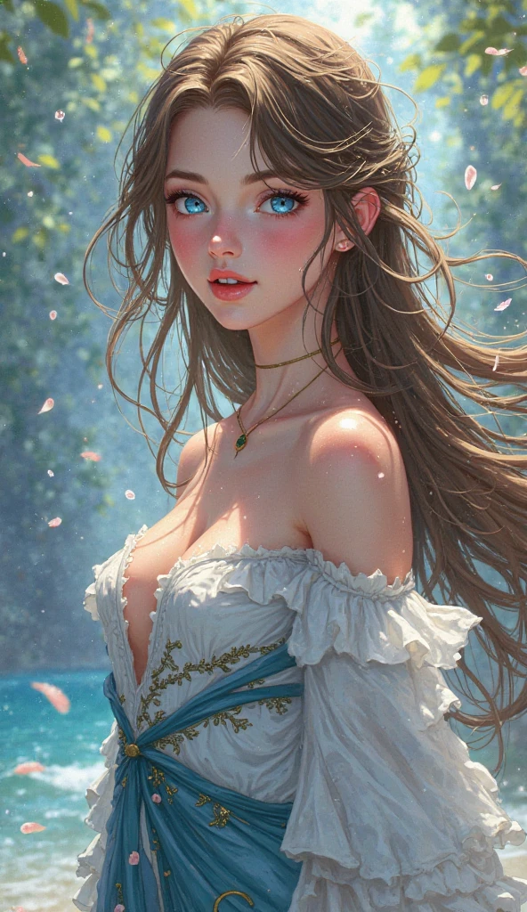 a hyper-realistic portrait of a young woman, under a tree, inside a forest, in the middle of nature, 22 years old, realistic, (lying on her side), sexy, (huge breasts 2:1), short brown hair, (hair tied with bows), curved, SFW