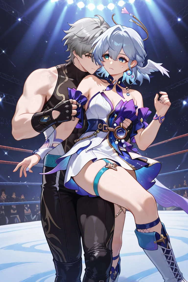 (masterpiece,best quality:1.3),(ultra-detailed,high resolution:1.2),(illustration),((an extremely delicate and beautiful)),(detailed background),((1girl,tall stature)and(1muscular boy,tall stature)),hetero,(1girl,tall stature:1.4), ((((firefly/(((Honkai:star rail/)))), headband, hair ornament, jacket, dress,(ahegao),(trembling), cum in pussy,(cum on clothes:1.4), cum on body,cum in mouth,cum on hair,excessive cum, (1muscular boy,tall stature:1.4),smug,large  penis, ((vaginal,sex)),(upright straddle,couple,face-to-face,kiss),(wrestling ring),