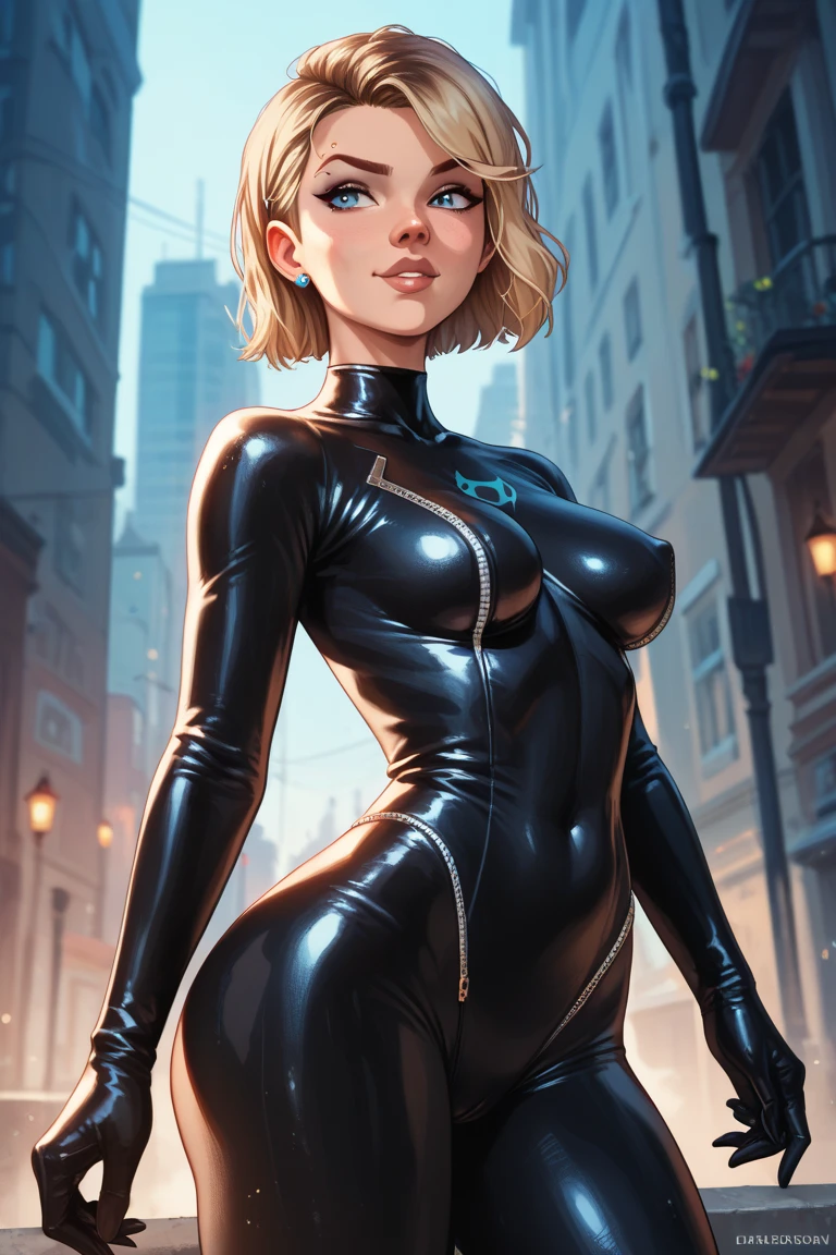 ((full body):1.5) ((1 female):1.2): wearing black superhero costume with blank parts, extremely tight on the body, extremely large and firm breasts, very short blonde hair, green eyes, looking at the spectator, smiling, she is leaning against a light pole, engaging in sexual possession, macabre city, night, ((heavy rain, bandits around):1.2), 16k, high quality, high details, UHD,