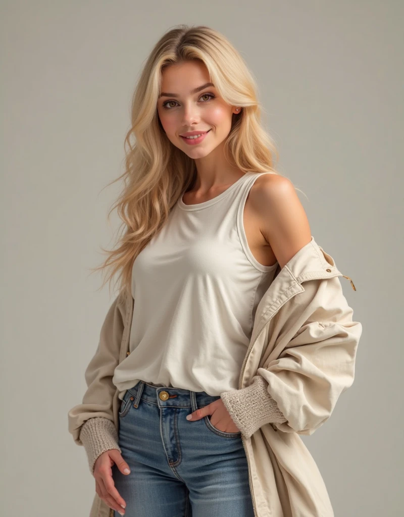 Gray oversized cardigan, white T-shirt, distressed jeans, and sneakers, accessorized with a leather watch and dainty rings. a cinematic still of a beautiful blonde woman, <lora:JessicaLee:1>, photo model, luscious glossy lips, black eyeliner, subtle makeup, long blonde wavy hair, exotic location, photo realistic, posing for a magazine shot, perfect lighting, rim lighting,  hard shadows, epiCRealism,  fcDetailPortrait,  <lora:add-detail-xl:0.3>