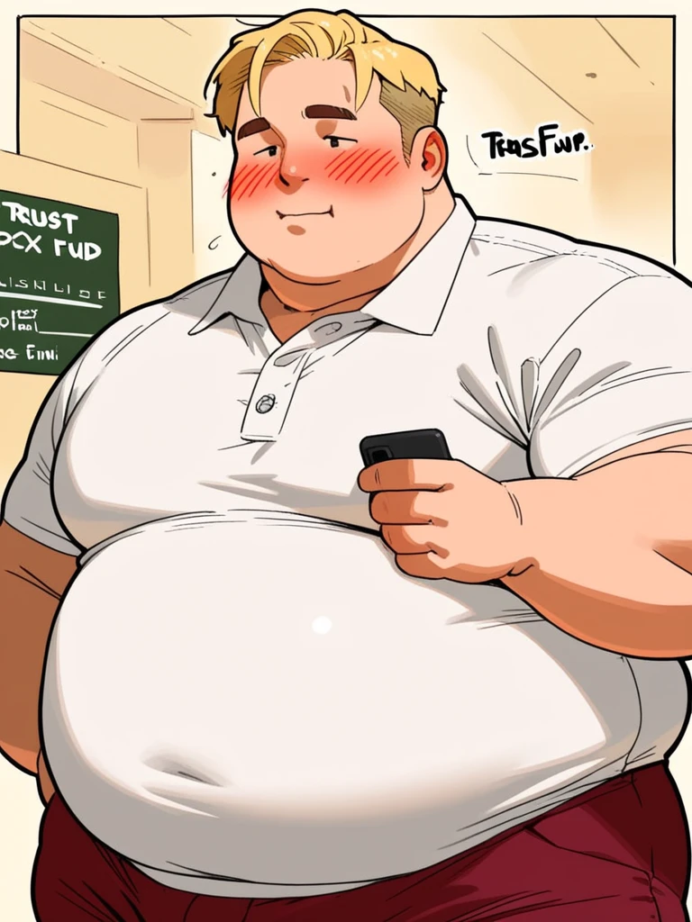 A fat adult man with light blue hair and light blue eyes