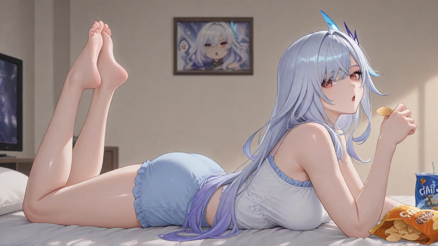 1 girl, Dawn Hikari, Pokemon, dark blue hair, long hair, soft, soft light, delicate, (from behind view, ass), happy, fuzzy brown bunny ear headband, ( fuzzy socks), round eyes, happy smile, bottomless, no panties