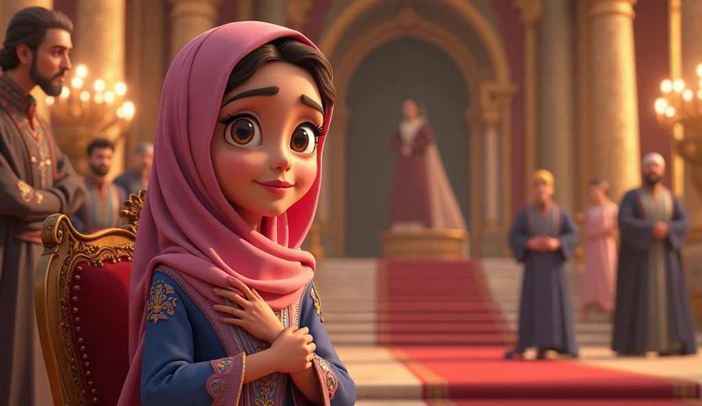 a mature  man he is a doctor, a beautiful woman with hijab she is a teacher, in beautiful place, face to camera, all happy, Pixar style, wide-angle
