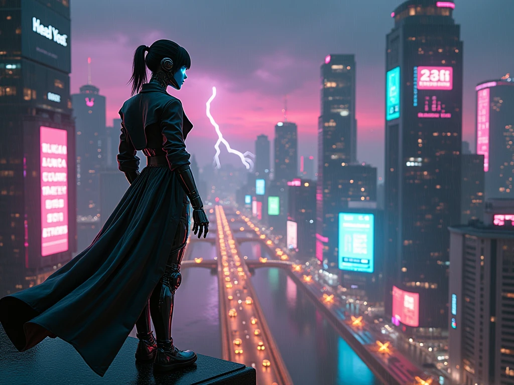 (Wide angle view). Matrix film inspired city, simple outlined neon tall buildings, glowing giant clock tower, lightning, close-up glowing matrix cascading code, 3D rendering Beeple. At night, (1girl, solo, alone), photorealistic, large-breast slim:0.6 body, oval:0.5 face, cleavage:1.1, miniskirt, deep-v, ((upskirt)), glove, (Matrix style black micro sunglasses), ((aiming viewer with a short gun)), (half-body thigh level close-up shot), cinematic lighting, ray tracing.