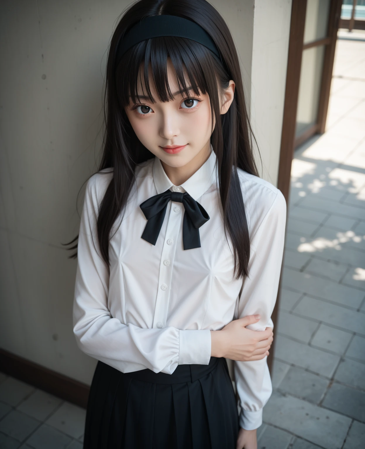 Make a black haired idiot in white school clothes