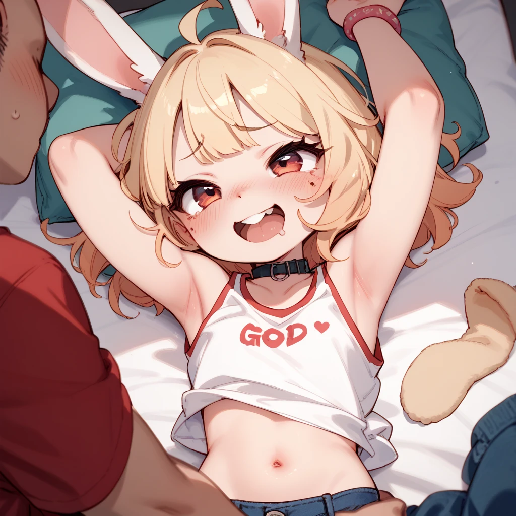 nsfw,(Crossdresser),blonde low twintails,(naked),Penis in the crotch,Embarrassed expression,((Cowgirl Sex)),Front view,Ahegao,,Before insertion