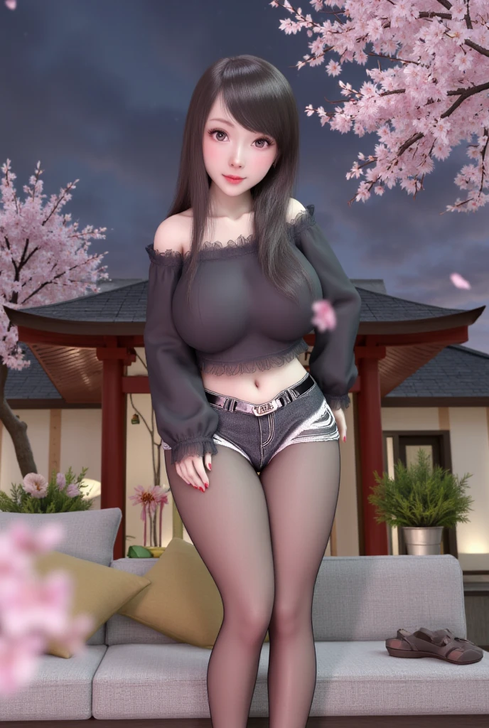 pubic hair、armpit hair、Show both sides、nude、high heels(black color)、pantyhose(black color)、garter belt(black color)、female organ、big breasts、long hair(black color、straight)、squatting、spread legs、anuarried woman、Pissing、first round、Plump、puddle、outdoor、garden、Cherry blossom viewing、cherry blossoms