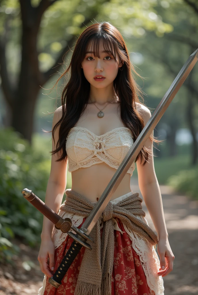 highest quality，masterpiece，Ultra-high resolution, Very detailed, 8k，(Beautiful woman)，一人のBeautiful woman，((Crucifixion:1.5))，((cross))，(execution)，((incontinence))，Scared，torture，slave，((crossにCrucifixionにされた女性：1.5)),Crucifixion刑，(Big Breasts)，tattered short skirt，((Torn costume：1.4))，(Tattered clothes)，((big breasts 4)，(Shabby clothes)，Defeated heroine，A ruined world，Remains，ruins