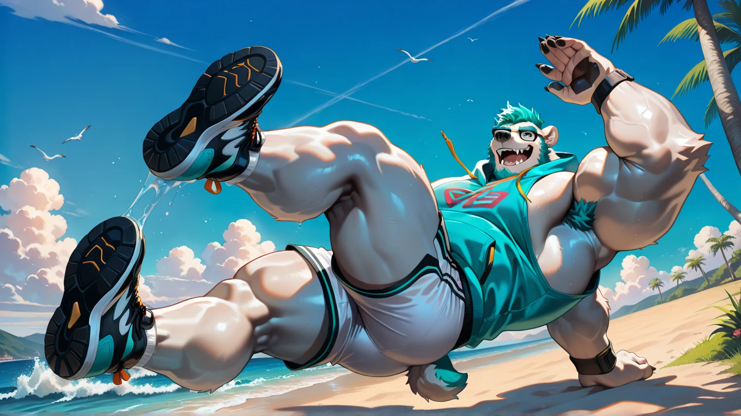 A human army officer (((((partially transformed))))) into an (anthro muscle gray wolf) on a beach. (((human legs))), ((human feet)), (shocked expression), (ripped clothing), broad shoulders, big biceps, (((big feet))), (detailed red fox face), male focus, detailed eyes, high quality, best quality, concept art, photorealistic, (((midtransformation))), Mid transformation, Masterpieces, furry, male, Anthropomorphic, red fox, blue eyes, black mark, veiny, thin body, age 20, Delicate eyes, furred body, war veteran, anime, on a beach, perfect lighting, light particles, (best quality), (masterpiece), (ultra detailed), sharp focus, light particles, detailed barren background, green military, black polo, fierce look, soldier look, full body, eight pack abs, on all four, torn boots, ripped clothes Looking is right hand, A erection in the crotch thong,