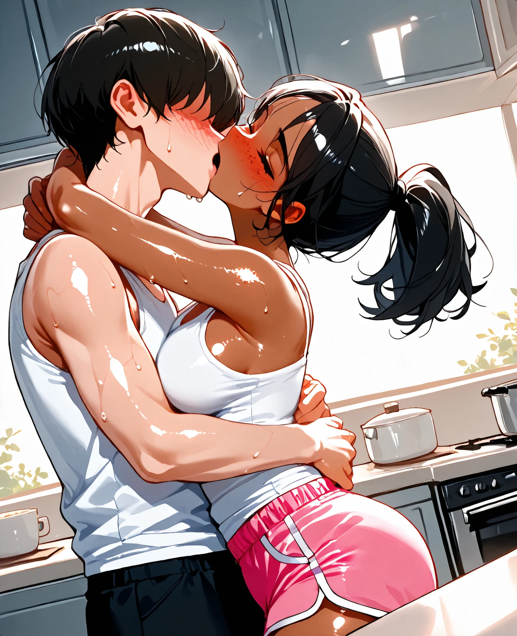 score_9, score_8_up, score_7_up, 1woman, solo, hair, closed eyes, white milky porcelain skin, white-skinned female, freckles, short black ponytail, lovely medium breasts, perfect body, white tank top, pink shorts, sweat, female organism, open mouth, looking at viewer, head tilt, nose blush, blush, indoor, kitchen, day time, shiny skin, against counter, standing , upper body, 1woman, 1boy (faceless, face on girl's face,
intense kiss, deep kiss, kiss ), tight hug. Dutch angle.
