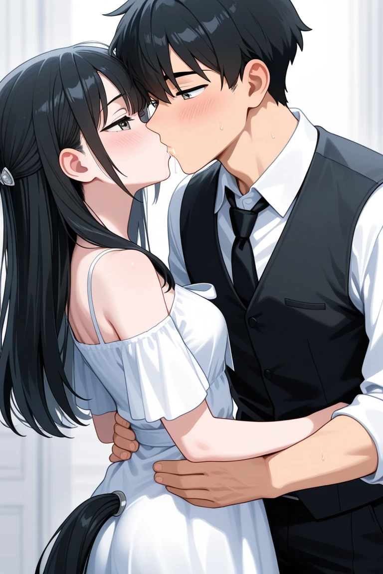 ((Highest quality)), ((masterpiece)), (detailed), (Perfect Face)、The woman is Reika Aoki, the wife of a Chinese mafia boss, with medium-long black hair and an engagement ring.、On a luxurious sofa in a luxurious room, a woman is being held close and kissed by her beloved husband, the Chinese Mafia boss.