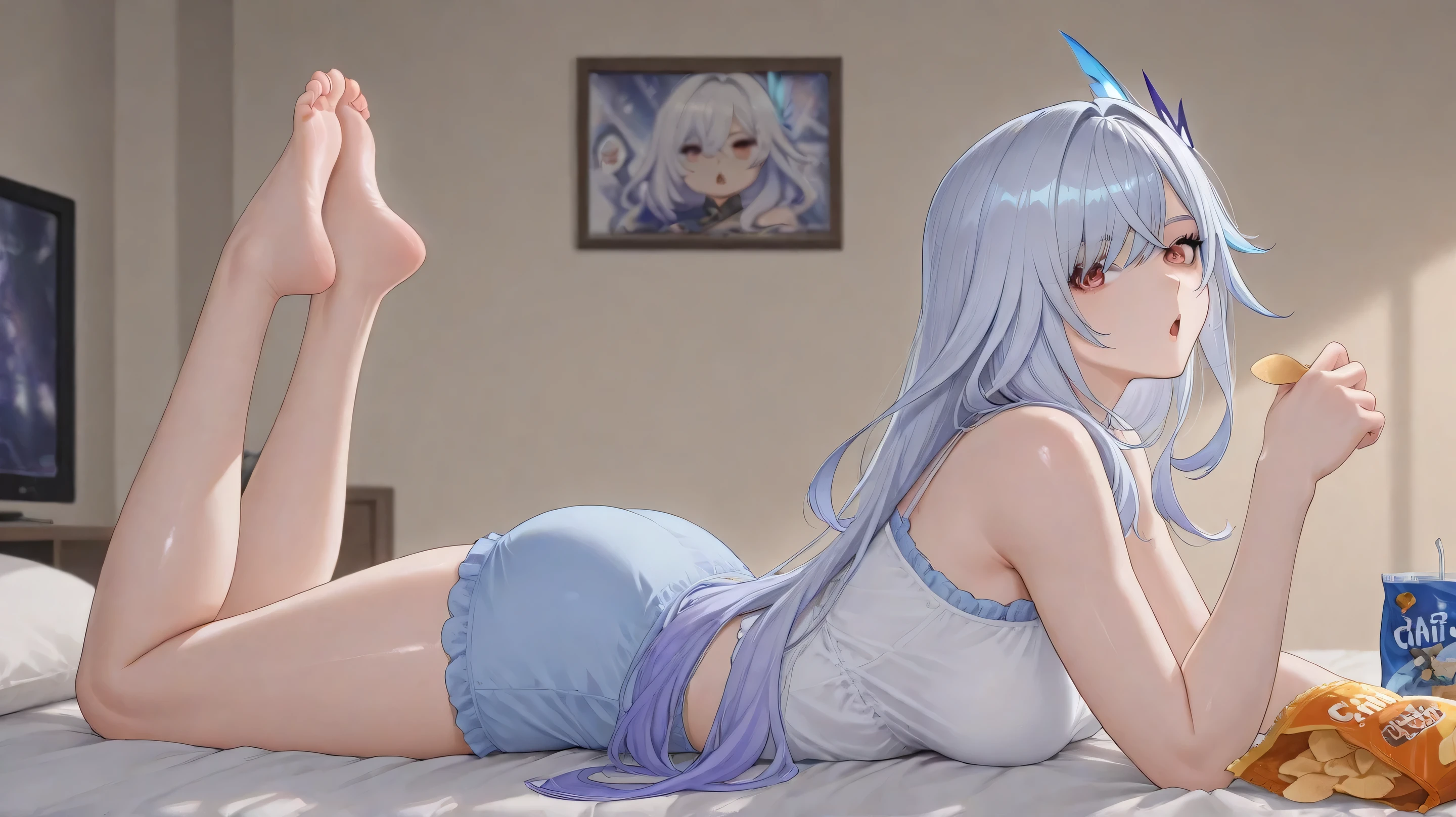 skirk genshin impact, clueless face, chestnut mouth, 1 girl, head tilt, casual clothes, lying on their stomach on bed, holding chips, view from side, shiny long legs, showing feet, gaming room in the background
