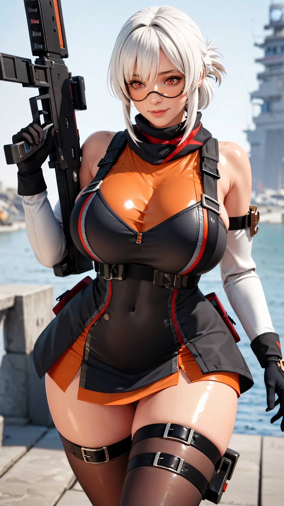 A gorgeous female mechanic with a half-shaved ginger head, cybernetic augments, wearing an unzipped orange jumpsuit revealing cleavage, mechanical hand, atompunk style, retro-futurism, gunmetal grey, blank background