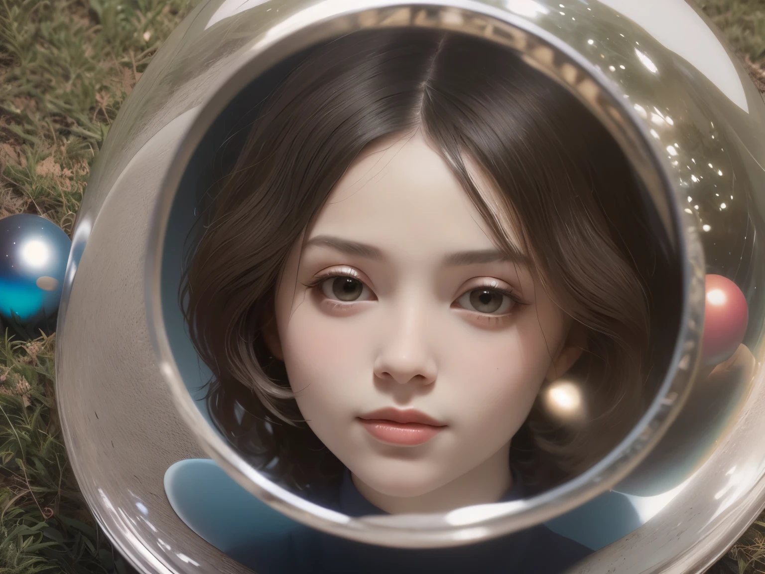 382 (20 year old woman),(short hair),(gentle smile),(high quality photos),( cinematic pictures playing on the lawn ),(colorful),(Crystal Ball),((contrast between light and shade)) ,(Da Vinci )