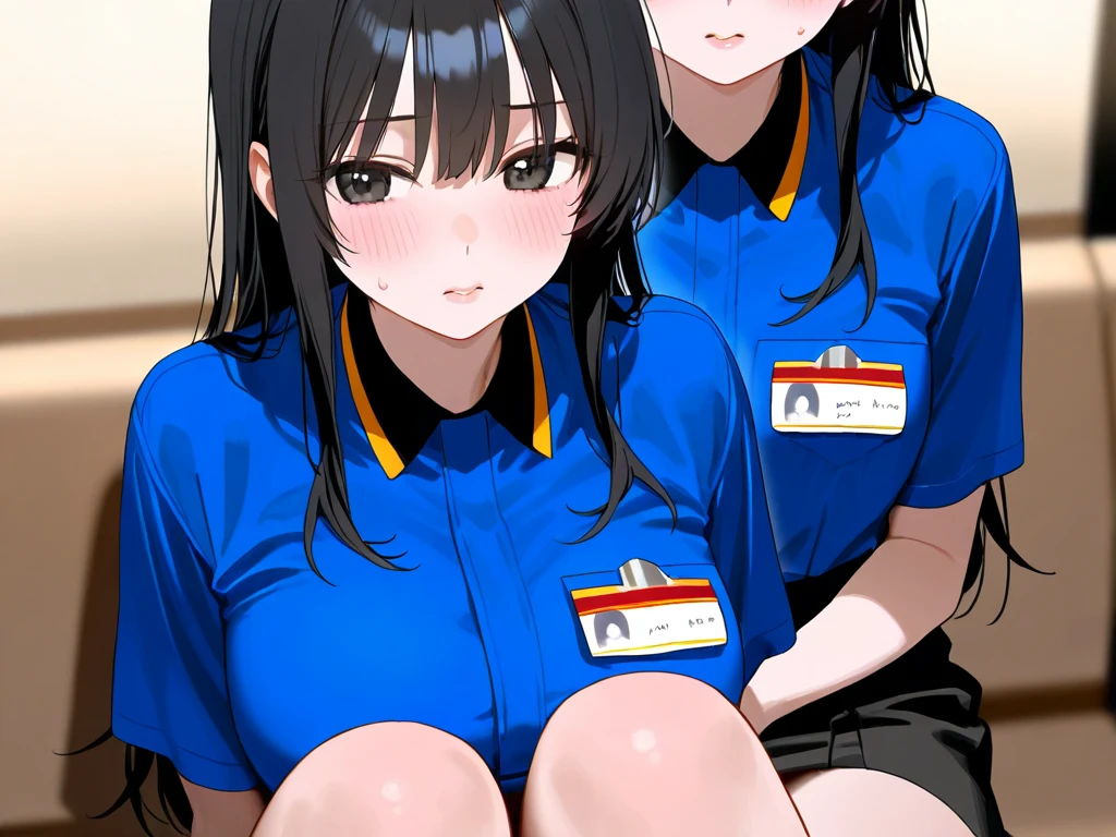 {Highest quality], [so beautiful], [Ultra-fine], [Best illustrations], Browsing Caution,Black Hair, Hime cut, Long Hair, With bangs, girl,high school student,uniform,knit,skirt,smile, blush, Slender women, Adult female,(public),,diagonal, Navy blue knee socks,Black Loafers.night,Health Room,Lying in bed feeling unwell