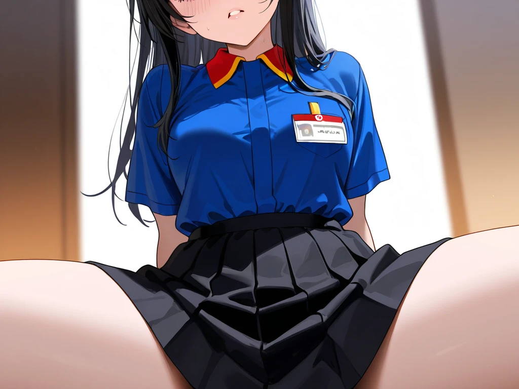 , (Spread your legs)、 (White panties), high school girl, Blue Uniform、Mini Skirt Police、White shirt, sunny, Mature Woman, Anime Cel Style, Highest quality, High resolution, One Girl, (Large Breasts:1.2), Beautiful Face, Beautiful fingers, Beautiful long legs, Beautiful body, Beautiful Nose, Beautiful character design, Black Hair, bangs, Maorilan, Show Viewer, Cowboy Shot, blush、Embarrassed look、Nipples are visible、
