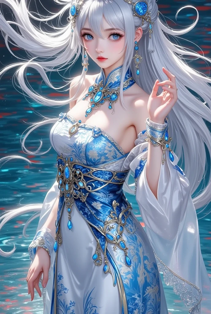 ((masterpiece:1.5、8k、Tabletop、フォトリアリスティックでVery detailedなCG、Very detailed、Particle Effects、Dynamic Effects、Written boundary depth、Cinematic Light、Lens flare、Ray Tracing、Tabletop、Realistic:1.4、超A high resolution:1.2、Realistic、Realistic))((alone、,A woman wearing royal hanbok off-the-shoulder:1.4、Dynamic female pose:、Detailed face、Bright expression、young, Brighter, Whiter skin、Ample breasts、Best Looks、Ultimate beauty、Shiny silver hair with highlights、Bright and shiny hair,、Super long, Silky straight hair、Hair swaying in the water))(underwater,Beautiful underwater ruins background,Air bubbles、Because they are underwater, their clothes and hair follow the flow of the water.)((Off-the-shoulder style,Expose your shoulders、Expose the neck、Exposing cleavage))Her clothes are very chic、She's like a fairy in Wonderland