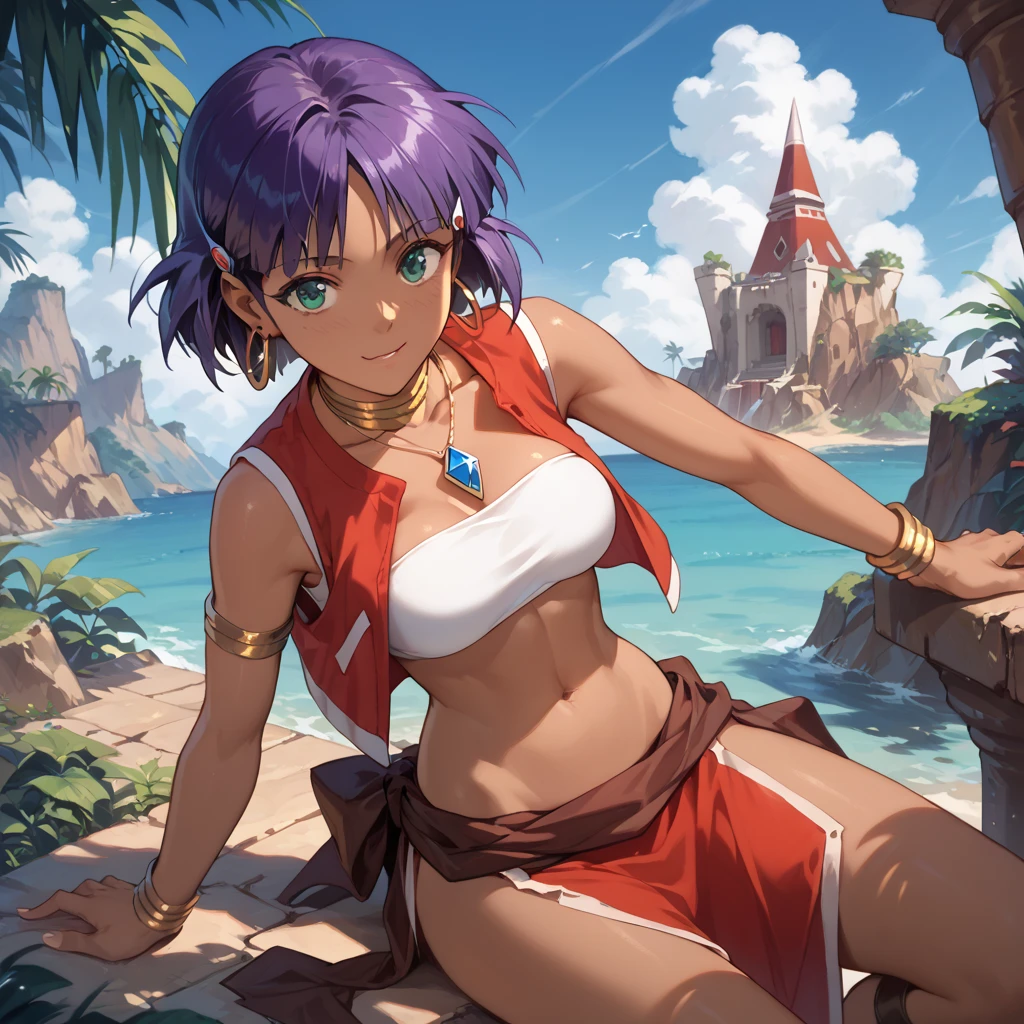 cowboy shot, masterpiece, best quality, intricate details, illustration, epic lighting, cinematic composition (ankha (animal crossing), cat tail, cat ears, short blue hair with bangs), super tight white microskirt, deadpan, (looking at viewer: 1.1), professional seductress, seductive pose, outdoors, desert, sand, oasis, palm trees, river, pyramid