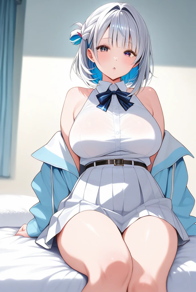 Hamakaze, Hamakaze, Blue eyes, Grey Hair, Hair Ornament, Hair over one eye, hair clips, Short hair, Short hair,BREAK black pantyhose, buttoning, gloves, grey sailor collar, grey skirt, hair clips, neckerchief, pantyhose, Pleated skirt, Sailor collar, School uniform, serafuku, (White seraphuk:1.3),Skirt, White Gloves, Yellow neckerchief,Naughty big、large full breasts、looking at the viewers,BREAK (masutepiece:1.2), Best Quality, High resolution, Unity 8k壁纸, (Illustration:0.8), (Beautiful detailed eyes:1.6), extra detailed face, Perfect Lighting, extremely details CG, (Perfect hands, Perfect Anatomy),Smile with open mouth、(white  panties:1.3)、(Fully exposed panties:1.5)、(Squatting:1.3)、、(outside of house、plein air,:1.3)、(sea side:1.3)