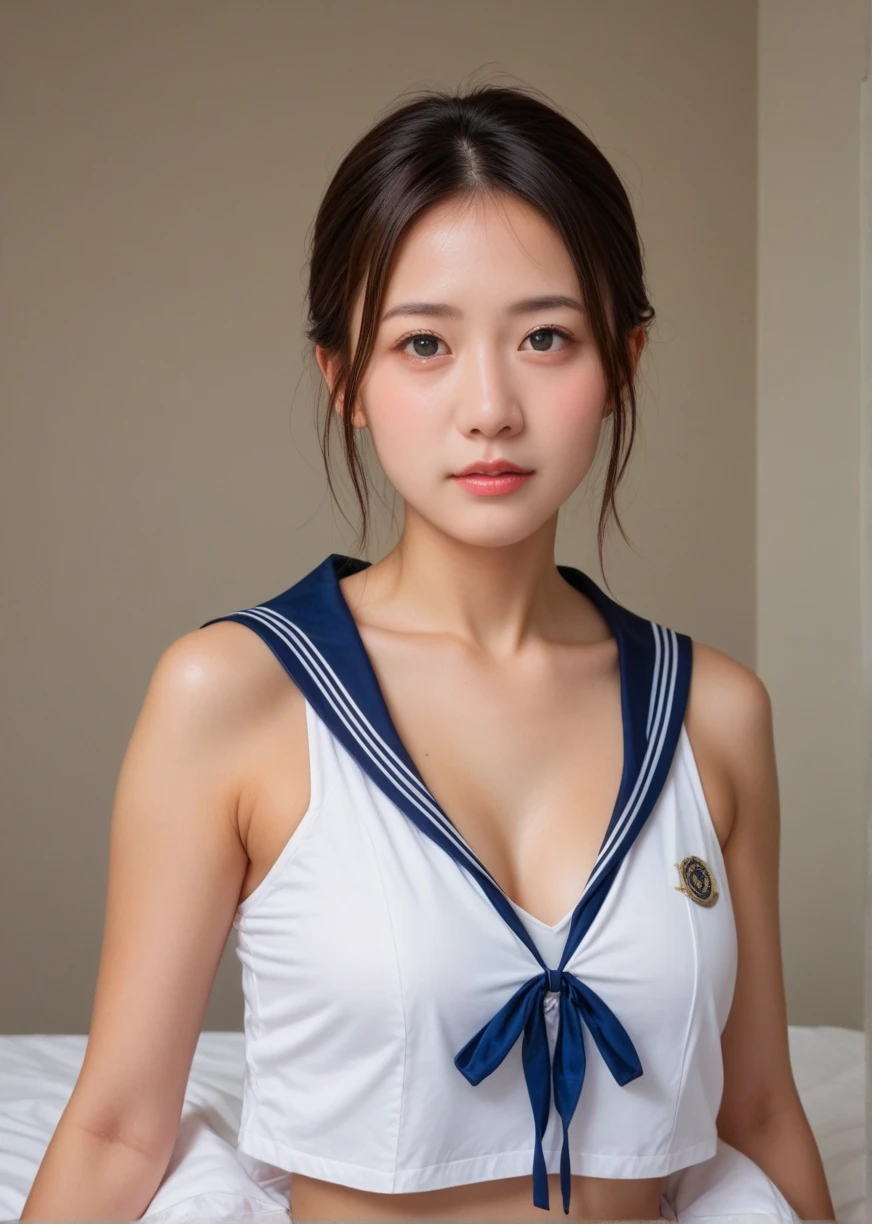 (Mastepiece, Best Quality:1.2), Realistic、smile、G Cup、8k, 15 years old, 85mm, Official Art, G Cupバスト、Raw photo, Absurd, Pretty Face, Boobs close-up, Upper body, Violacea, Gardenia, Super beautiful girl, White bikini swimsuit、 Cinch waist, Thighs, , Seaside, Standing posture, Looking at the Viewer, No makeup, (A shy smile:0.4), Film Grain, chromatic aberration, Sharp Focus, Face Light, Clear lighting, Ten generations, A detailed face, Bokeh Background, (Dark red tie:1.1)