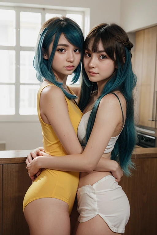 Lesbian girls kissing and having sex, one has long blue braids and a loose lock, the other has short white hair