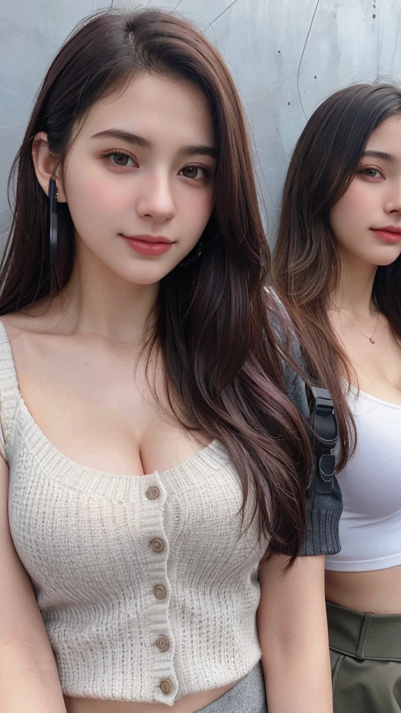 Indonesian girl 20-year-old Hairstyle Casual, F Cup Breasts wearing fashion rich clothes in mall selfie with her friend