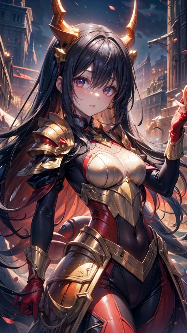 1 mature queen, {{{very long black hair}}} ponytail, {{{Ice blue eyes}}}, crimson lips, red royal dress under a chest plate of armor, cold smile, starry night sky, {best quality.}, {highreaasterpiece.}, {{{medium close up.}}}, {facing viewer}