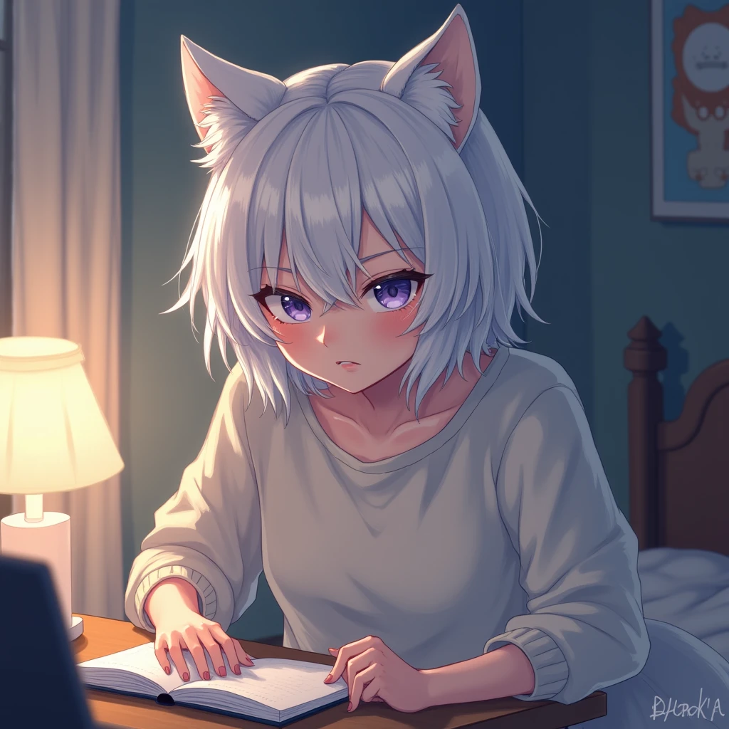 1girl,medium breasts,barefoot,(wariza, hand between legs), open mouth, smile,closed eyes,
messy room, book,pen,paper,depth of field, Sofa, bed,pillow,water dispenser, TV, socks, living room, table
( medium white hair,low twintails,:1.2),looking at viewer, (white crop top:1.2),cat ears