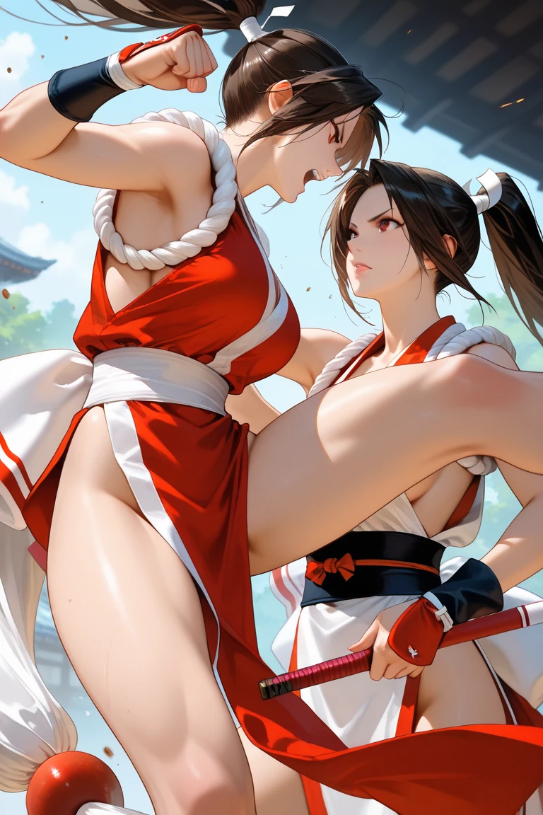 masterpiece, best quality, beautiful art, high resolution, well formed hands, body and fingers, 1 woman, solo, Mamako Oosuki, adult, hair ornament, big breasted, cleavage, full body, long hair, hair ornament gorgeous legs and thighs, cosplaying as Mai Shiranui , she is fighting in a combat match at a martial arts tournament, she is getting ready to fight, making her guard pose, action and fighting scene, about to hit the viewer, looking at the viewer, sweating , feeling confident and proud, smiling joyfully and happily, charming her opponent with her beauty, bouncing breasts, fighting scene, martial arts tournament on the beach