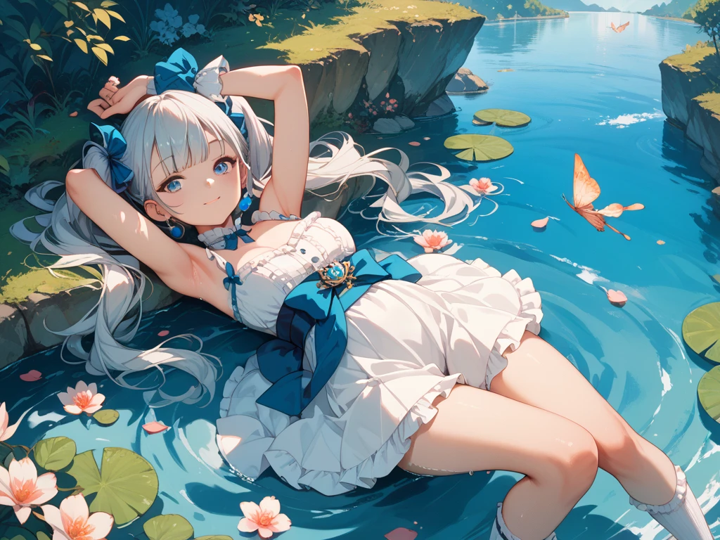 [(White background:1.3)::3],dynamic ungle,Bottle bottom,(Faltcolor:1.2),(Watch the vibrations:1.3),colourfull,Floating wind,(Top image quality), (monk), (Detailed eye description)、(Macro shot:1.25)、(8k wallpaper)、(Detailed face description)、depth of fields、(lensflare)、 Floating water、(Mt fuji:1.3)、Floating rain、rivulets、wasteland、Small dust、(the wind))、the wind、夏天、the setting sun、(blurry backround)、Road by the sea、Mountains and forests、Eau、playing in the water、partially_submerged、(Strong sunshine:1.2)、(altocumulus:1.2)、butterflys、falling petals、(is standing:0.85)、 (a closeup:0.8)、(fish-eye lens:1.2)、(1loli:1.2)、tiny chest、length hair、hair adornments、Detailed beautiful eyes、耳Nipple Ring、(intricate clothing:1.3)、a short skirt、bare shoulders​、(doress)、(satin、plunging_neckline、sleeveless、semi transparent、Wet clothes:1.2)、鎖骨、pointy ear、red eyes、(From  above:1.2)