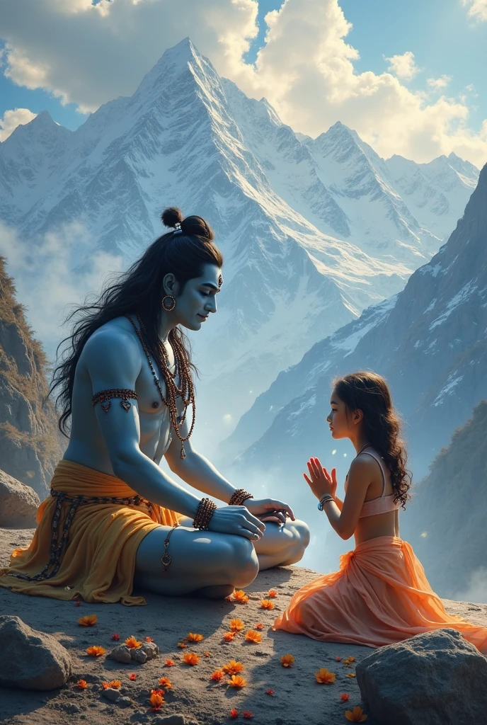 "A divine scene featuring Lord Shiva, depicted with his traditional symbols like the Trishula (trident), crescent moon on his head, and a serene expression. He is blessing a young girl who is kneeling before him with folded hands in deep devotion and reverence. The background includes elements such as the snow-capped Himalayas, a flowing river symbolizing the Ganges, and a glowing aura surrounding both figures. The atmosphere is peaceful, spiritual, and full of divine grace."