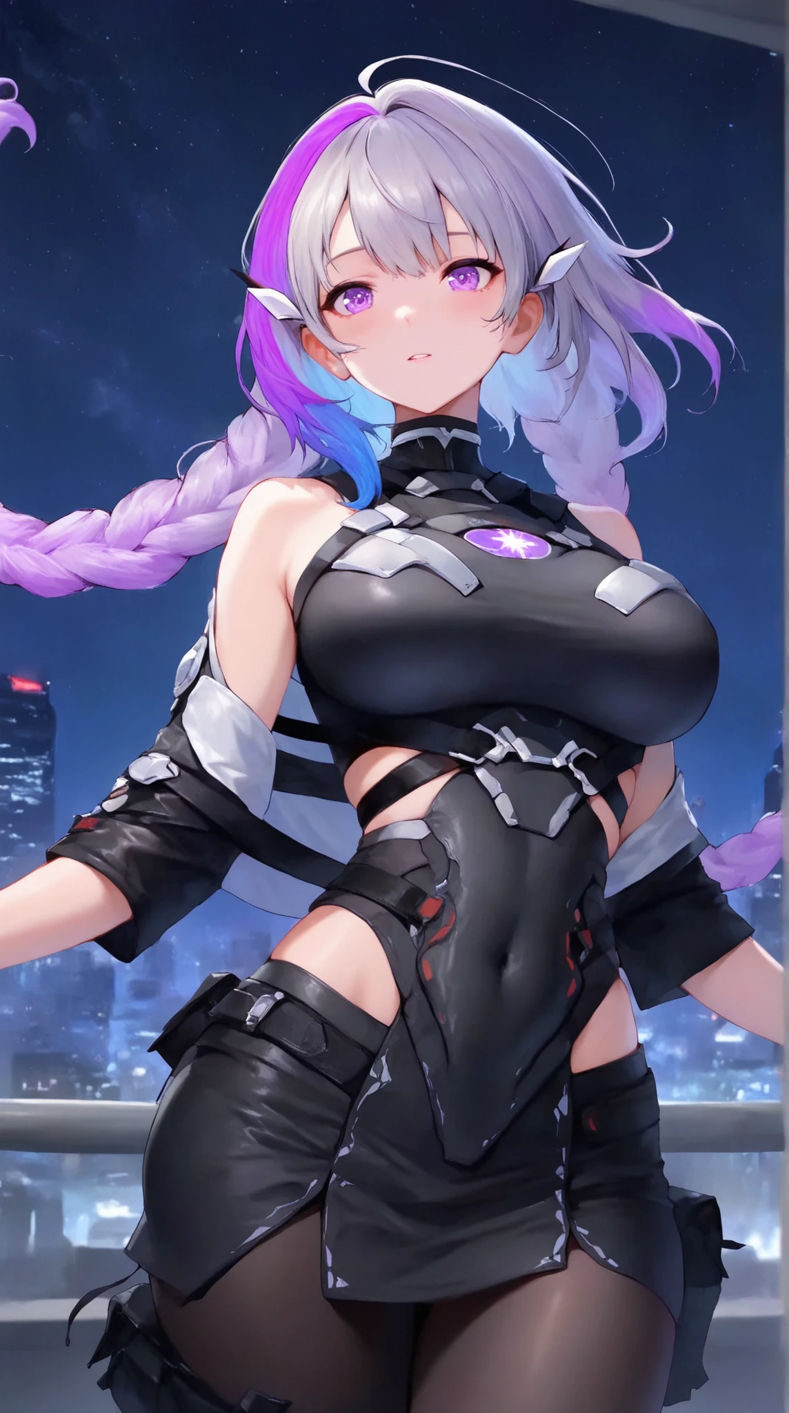 Highest quality、Highest quality、Masterpiece、girl((half、18-year-old、as soon as、Highest Bust、Medium Bust、Wide open chest、Red glowing eyes、Black Ear、Red Mesh、Disheveled Hair、Loincloth、thin、The best valley、Open chest、hair ornaments、Full body view、pants、Sports Bra、Random Pause、smile、headphone))、high quality、Beautiful Art、background((Collapsing Ground、no gravity、Floating Object、City of night、shooting star))、flight、Flying Debris、Depth of text、movie、Visual Arts、Perfect Art、8K、Genuine、Special Angles
